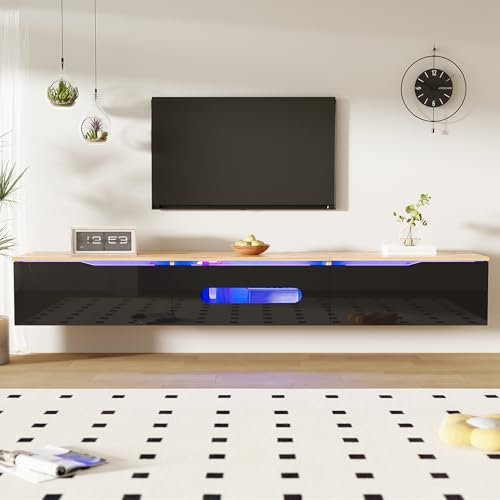 Jaxenor 180 cm TV Schrank mit 16-Farbiger LED-Beleuchtung, Modern Lowboard Wohnzimmer, TV Board Hängend mit DREI Türen, Fernsehschrank, Hochglanzoberfläche, Holzfarbe-Schwarz
