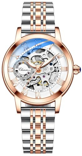 MASTOP Women's Sapphire Watches Automatic Steampunk Self Winding Mechanical Gold Bracelet Ladies Skeleton Wrist Watch Leather Strap for Ladies Famale (Steel Silver Rose)