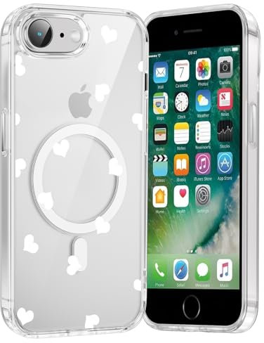Saqmkil Handyhülle Magnetische für iPhone 16e/SE 4/SE 2025 6,1 Hülle,Kompatibel mit MagSafe, Durchsichtig Aesthetic Muster Herz Mädchen Case, Transparent Weich Silikon Dünn TPU Bumper Stoßfeste Cover