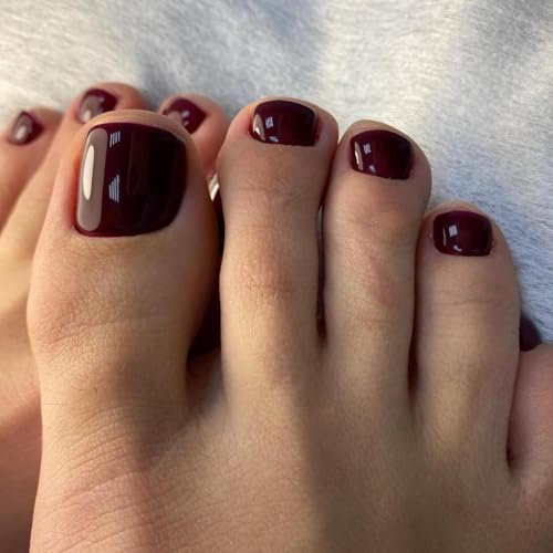 False Toenails,Wine Red Fake Toe Nail,Short Pure Cherry Red Press On Nails For Toe,Glossy Full Cover Square Toe Nails False - Seaside Stick On Toenails With Glue For Women Nail Decoration