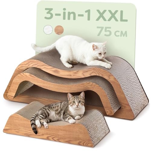 Knupis Kratzmöbel Kratzbrett Katze 3-teilig XXL 75cm – Besonders Kratzfeste Kratzpappe zur Krallenpflege – Bis zu 2 Jahre Kratzspaß – Platzsparend – Schutz für Sofa und Möbel (Cloud) (Braun)
