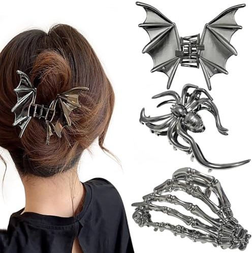 Set 3 Fermagli per Capelli Halloween Donna - Ragno, Pipistrello, Mano Scheletro - Clip Gotico Donna, Accessori Halloween Capelli, Accessori Gothic per Festa & Travestimento (A)
