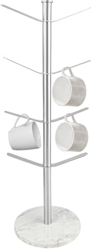 Coffee Mug Tree for Counter, Stainless Steel Mug Tree with Marble Base, Holds 8 Large Mugs, Space-Saving Coffee Cup Stand