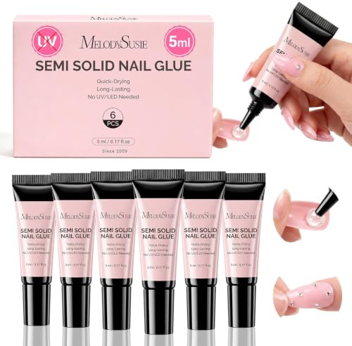 MelodySusie Semi Solid Nail Glue, Quick Drying No Need for UV Lamp Glue Gel Long Lasting for Fake Acrylic Press On Nails, 5ml*6pcs