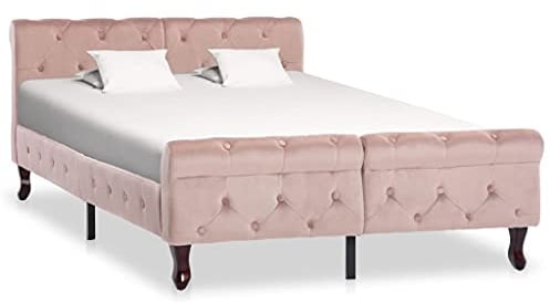 Massbinet Bettgestell Polsterbett Doppelbett mit Kopfteil aus Samt Bett mit Lattenrost Funktionsbett aus Massivholz Rosa 120x200 cm
