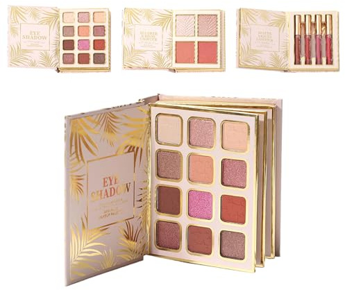 Makeup Book Palette - Twelve Shade Eyeshadow, Hardcover Style Sparklee Eye Color Set Including Blush Quad Lip Gloss Panels, Compact Cosmetic Library Created Teens Ladies Celebration Event Routine
