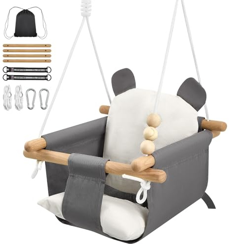 Babyschaukel Holz Kinderschaukel mit Sicherheitsgurt Sicherheitsschnalle, Baby Schaukel höhenverstellbar Indoor Outdoor für Türrahmen, Holzschaukel für Babys und Kinder ab 6 Monate bis 3 Jahre