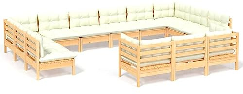 HETFTJN 13-TLG. Garten-Lounge-Set aus massivem Kiefernholz 63,5 cm mit cremeweißen Polstern Modular Sitzgruppe Outdoor für kleinen Balkon Terrasse und Wintergarten