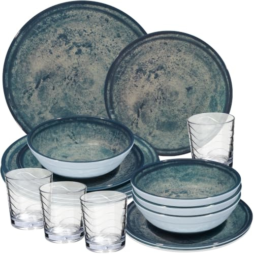Vaisselle en mélamine en granit de lune bleu/gris pour 4 personnes, camping, pique-nique