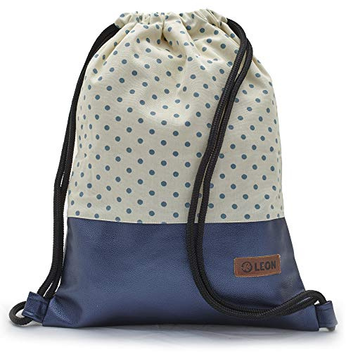 By Bers LEON Turnbeutel mit Innentaschen Rucksack Tasche Damen Herren & Teenager Gymbag Gymsack (Dots_HellblauBeige_BlauMetPU)