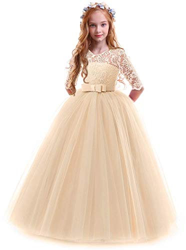 IWEMEK Flower Girls 3/4 Sleeve Floral Lace Tulle First Communion Pageant Dresses Kids Big Girls Princess Birthday Carnival Christmas Bridesmaid Wedding Party Prom Ball Gown Champagne 11-12 Years