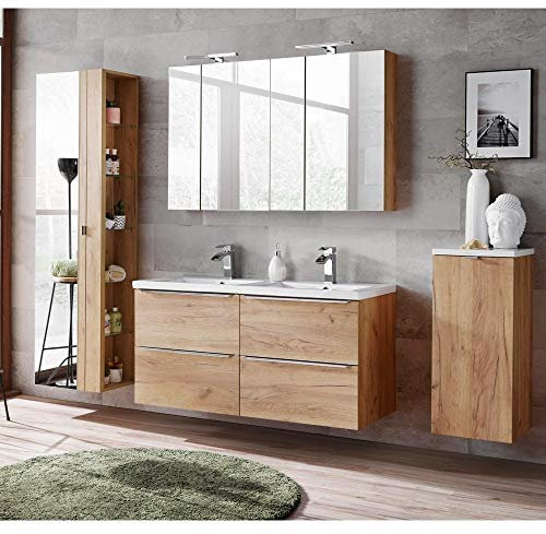 Lomadox Badezimmermöbel Set mit Doppel-Waschtisch 120cm aus Keramik, Wotaneiche & Hochglanz weiß, inkl. LED-Spiegelschrank