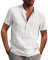 AUDATE Linen Shirt Men's Henley Shirt Casual Shirts Short Sleeve Shirt Cotton Shirt White 2XL