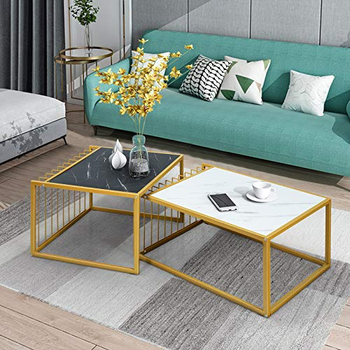 GOPLUS Lot de 2 Tables Basses Gigognes, Table Basse Salon Marbre Moderne, Rectangulaire,Charge 50KG 80x53x38CM+60x60x44CM
