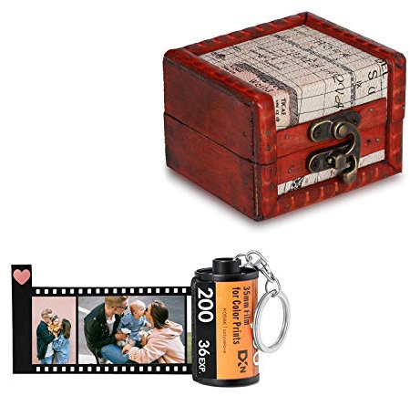 ALBERTBAND Personalisiert Schlüsselanhänger mit Eigenem Foto Gravur Bedrucken mit 5/8/10/15/20 Stück Fotofilm-Rollen Schlüsselbund Geschenk für Weihnachten Geburtstag (FilmRoll+Vintage Box)