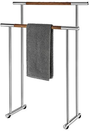 HISKA Handtuchständer aus Edelstahl und Eiche (Echtholz), HxBxT: 106x76x30 cm, Handtuchhalter mit 2 Handtuchstangen