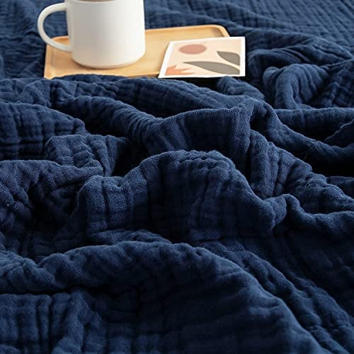 EMME Baumwolldecke Musselin Decke Erwachsene, 152 x 203 cm, 6-Layer, Sofadecken Atmungsaktive Weiche Decke Alle Jahreszeiten Vorgewaschen Couch Decken Baumwolle Tagesdecke,Navy blau