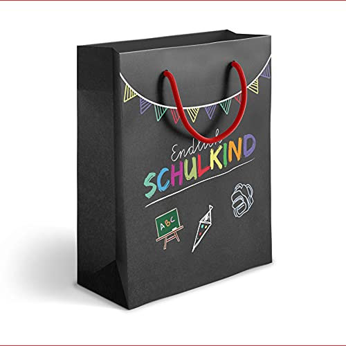 itenga Geschenktüte Geschenktragetasche 18 x 22,5 x 8 cm - Einschulung Geschenkverpackung Papiertragetasche Endlich Schulkind Schulanfang (schwarz)