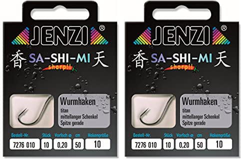 Set # 2 Packungen (20 Stück) Wurmhaken von Jenzi, fertig gebunden, Hakengrößen 2 4 5 6 8 10 12 14, 50 cm +gratis Petri Heil! Aufkleber (Hakengröße 10)