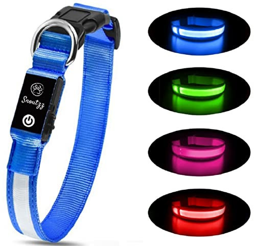 SNOUTZZ® LED Flashing Dog Collar USB Rechargeable - Ultra Bright & Highly Visible - Waterproof & Increased Safety - Available 4 Colours & 4 Sizes (Blue, Small)