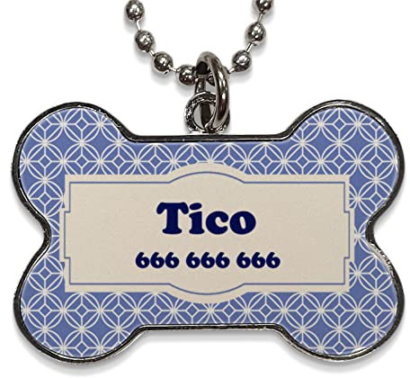 LolaPix Chapa Perros Personalizadas con foto, texto o imagen. Placas para Perros. Chapa metálica con forma de hueso. Regalo personalizado. MOSAICO AZUL