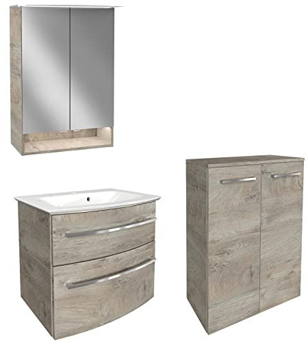 FACKELMANN Badmöbel Set B.Style 4-TLG. Dunkelbraun Midischrank & Mineralgusswaschbecken & LED Spiegelschrank - Made in Germany