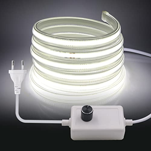 KISUFU 220V Dimmbar COB LED Strip 6m,360 LEDs/m Warmweiss 3000K LED Strip CRI≥90,Waterproof High Density Flexible Super Bright COB LED Light Strip for Bedroom, Kitchen, DIY Interior Decoration