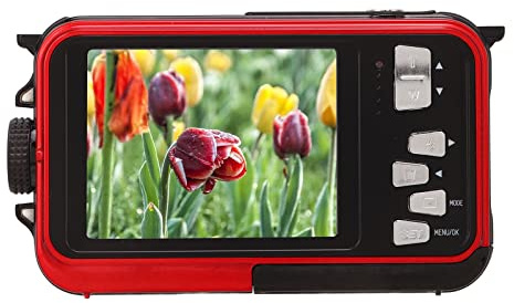 Unterwasserkamera, Full HD 2.7K 48MP 10 Fuß wasserdichte Digitalkamera, LCD-Taschenkamera mit Zwei Bildschirmen Vorne Hinten und 16-fachem Digitalzoom Zum Schnorcheln Usw (Rot)