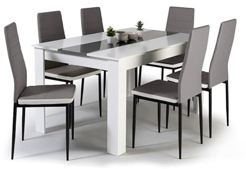 IDMarket Esstisch-Set Georgia, 140 cm, weiß und grau und 6 Stühle Romane grau mit weißer Paspelierung