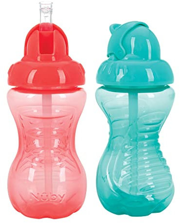 Nuby 2-Pack No-Spill Flip-It Cups, 10 Ounce, Red/Aqua