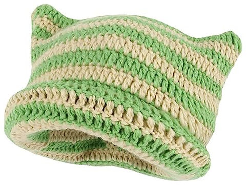 XehCaol Y2k Cat Beanie,Lustige Mütze Mit Ohren Katzenohren Strickmützen Knitted Hat Cat Ears Teufel hörner Mädchen Y2k Grunge Accessoires (Green)