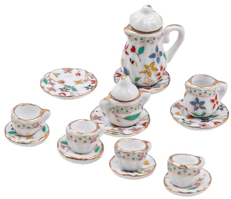 CENPEK Dollhouse Ceramic Tea Set 1:12 Dolls House Accessories with Mini Fork Spoon Cutlery for Dollhouse Scene Decoration -Blue and White Porcelain - Colourful Broken Flower