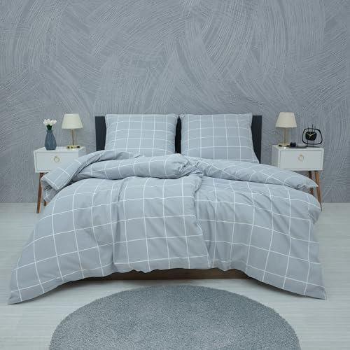 Vency Bettwäsche 135x200 4-Teilig Grau - Oeko-TEX 80% Baumwolle & 20% Polyester, 2X Bettbezug Reißverschluss + 2X Kissenbezug 80x80 Reißverschluss, Gridline Modell