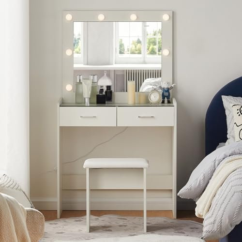 CLIPOP Coiffeuse Blanc avec Miroir LED et Tabouret, 3 Couleurs de Lumière Réglable,Table de Maquillage avec Plateau en Verre Trempé et 2 Tiroirs de Rangement