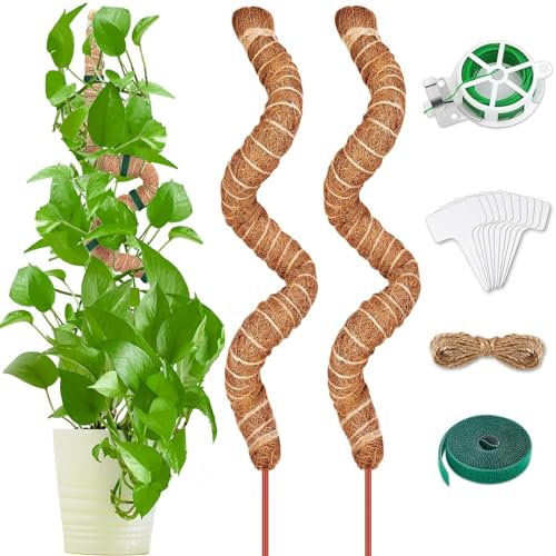 Monstera Rankhilfe 120cm, Pflanzenstab Kokos 2 Stück, Biegbar Kokosfaser Moosstab Pflanzstab Stab für Kletterpflanzen Natürlicher Pflanzenstütze mit Zubehör