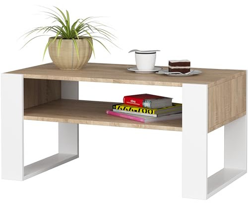 BDW - Table Basse - Table de Canapé avec Étagère Ouverte, Étagère - Table d'Appoint, Lowboard - Salon, Salon - Moderne - Table de Salon - Table Coffre - Matériau Bois - Table TV - Sonoma/Blanc