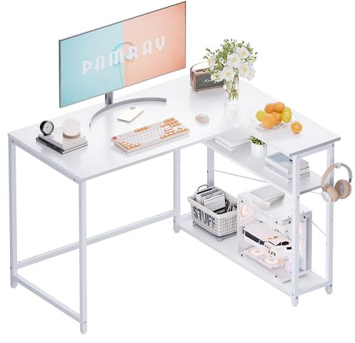 PAMRAY Scrivania PC a Forma di L 109 cm, Scrivania ad Angolo con Ripiani Laterali Reversibili, Scrittoio Salvaspazio per Camera da Letto o Piccolo Ufficio, Gaming Desk, Bianca