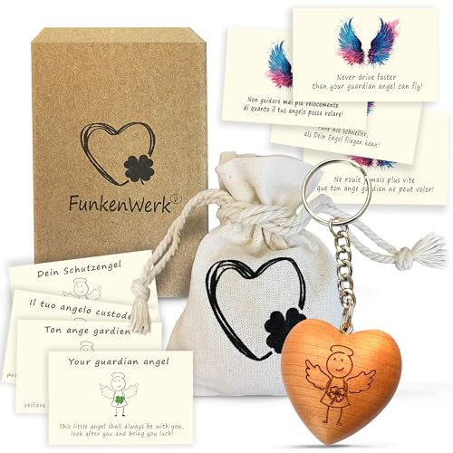FunkenWerk® Porte-bonheur Porte-clés Bois de Cerisier Cœur avec Trèfle Ange de la Chance Ange Gardien, Cadeau de Chance Talisman Motivation, Cadeau de Cœur Pendentif (Porte-clés)