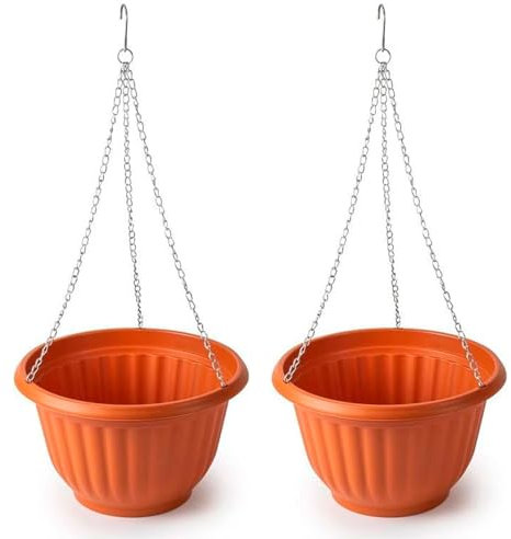 Acan Tradineur - Pack de 2 macetas Redondas Colgantes, plástico, Tiesto, macetero, Recipiente para Plantas, Flores, balcón, terraza, hogar, Fabricada en España (Marrón - 25 x 15 cm)