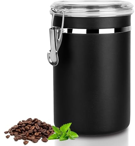 Kaffeedose Luftdicht mit Deckel Kaffeebohnen Behälter für Kaffeepulver Bohnen Tee Mehl Müsli Zucker, Edelstahl Dose zur Aufbewahrung Vorratsdose Küche Lebensmittel BPA-frei (1PC - 1.8L - Schwarz)