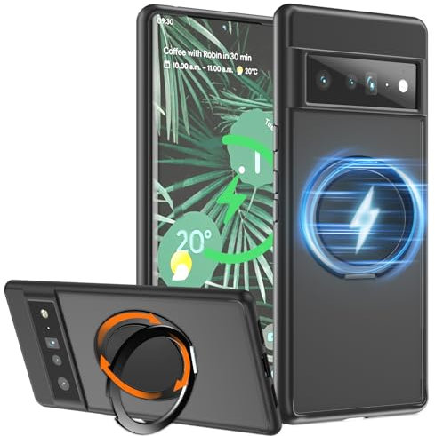 HikerClub für Pixel 6 Pro (2021) Magnetische Hülle mit Ständer, 360 Drehbarer Ringständer [Magie Stressabbau Soundeffekt Handyhalter] Militärische Klasse Stoßfeste Handyhülle, Schwarz