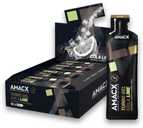 AMACX Turbo Energy Gel für Ausdauersportler, 12 x 60ml, 200mg Natrium, 40g Carbs, schnell absorbierbares Sport Gel, Elektrolyte Energiegel mit Kohlenhydratverhältnis 1:0.8 – Cola Limette