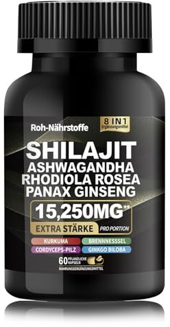 Shilajit Pure Himalayan Organic Supplement 15250MG mit Rhodiola Rosea 1000MG, Ashwagandha 2000MG, Ginseng, Ginkgo Biloba, Kurkuma, Cordyceps-Pilz, Brennnessel für volle Körperkraft 8-in-1
