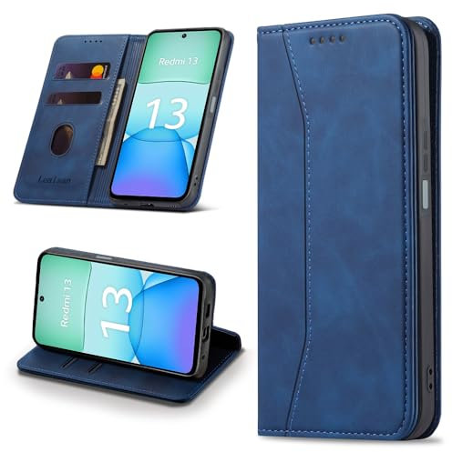 Leaisan Handyhülle für Xiaomi Redmi 13 4G Hülle Premium Leder Flip Klappbare Stoßfeste Magnetische [Standfunktion] [Kartenfächern] Schutzhülle für Redmi 13 4G Tasche - Blau