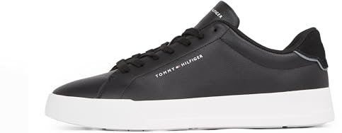Tommy Hilfiger Men’s Detail Essential Leather Court Trainers, Black (Black), 11