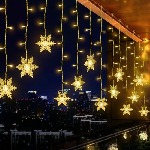 HappiHause Lichtervorhang Schneeflocke Lichterkette 94er LEDs Weihnachtslichter 31V 8 Modi Deko Vorhang mit Timer für Innen, Weihnachten, Party, Hochzeit, Garten, Balkon, Fenster, 3,6x1,0M