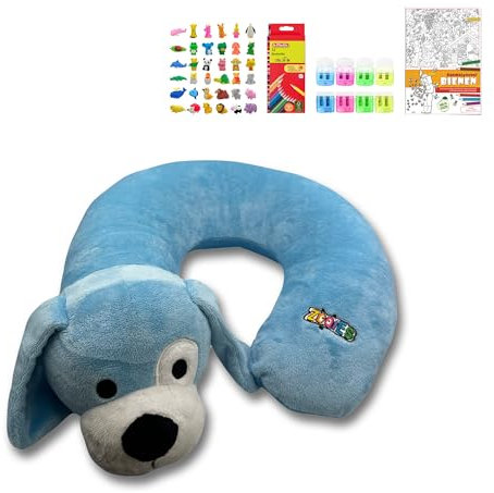 ZOOIES® Kinder Nackenkissen Set | Wuffi Reise-Nackenkissen in Tierform | Nackenhörnchen für Auto & Flugzeug | Hypoallergen Kissen | Mandalaheft, Buntstifte & Radiergummi | Perfekt für unterwegs