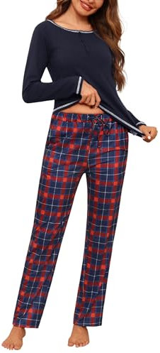 Litherday Pyjama Femme Hiver Ensembles de Pyjama Femme Coton Vêtement de Nuit à Manches Longues Haut + Bas de Pyjama Carreaux Automne et Hiver,B Bleu Marine New L