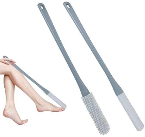 Lot de 2 brosses de nettoyage en silicone pour les pieds avec un long manche, deux tailles de têtes de brosse, brosse de bain pour les pieds pour personnes âgées (Bleu)