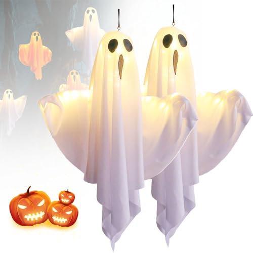 GMTEO Halloween Deko geister, 2024 Neu 3-fach Einstellbare Beleuchtung Hängende Geister mit Lichterketten, Batteriebetrieb Halloween Deko für Vorgarten Patio Rasen (2, weiß)